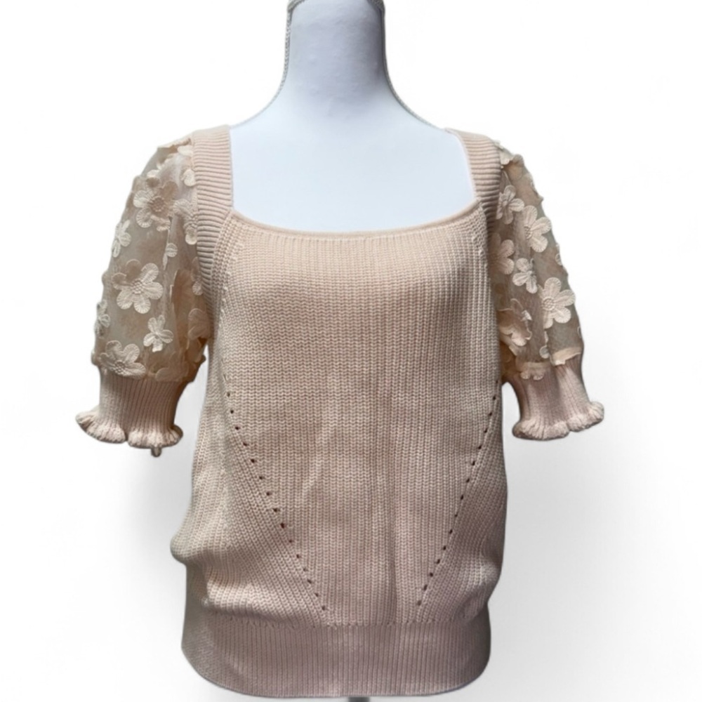 INDUSTRY REPUBLIC CLOTHING KNIT PUFF SLEEVE FLORAL APPLIQUÉ WOMEN’S SIZE: L - Picture 10 of 11
